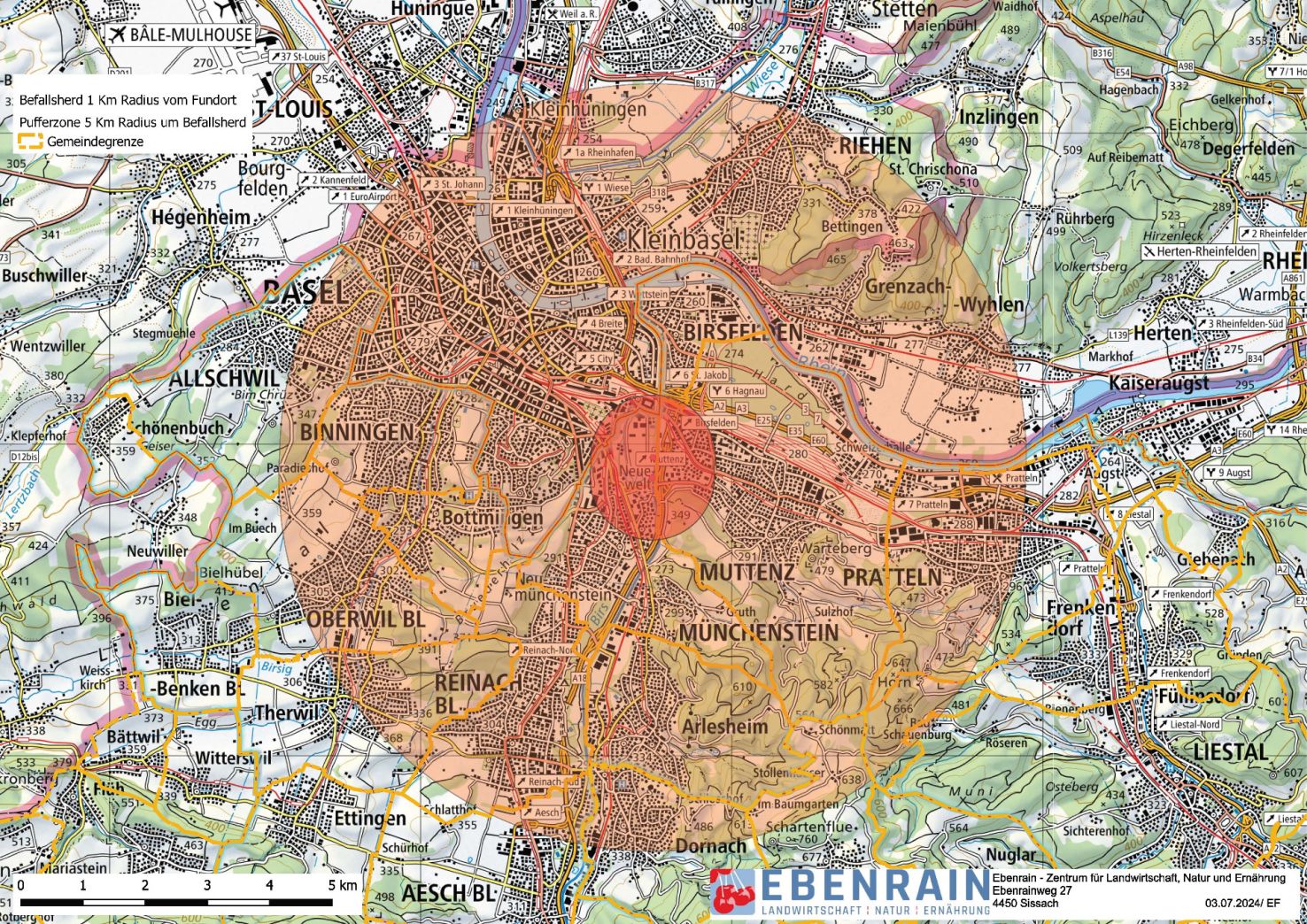 Karte Baselland zur verbreitung der Japankäfer